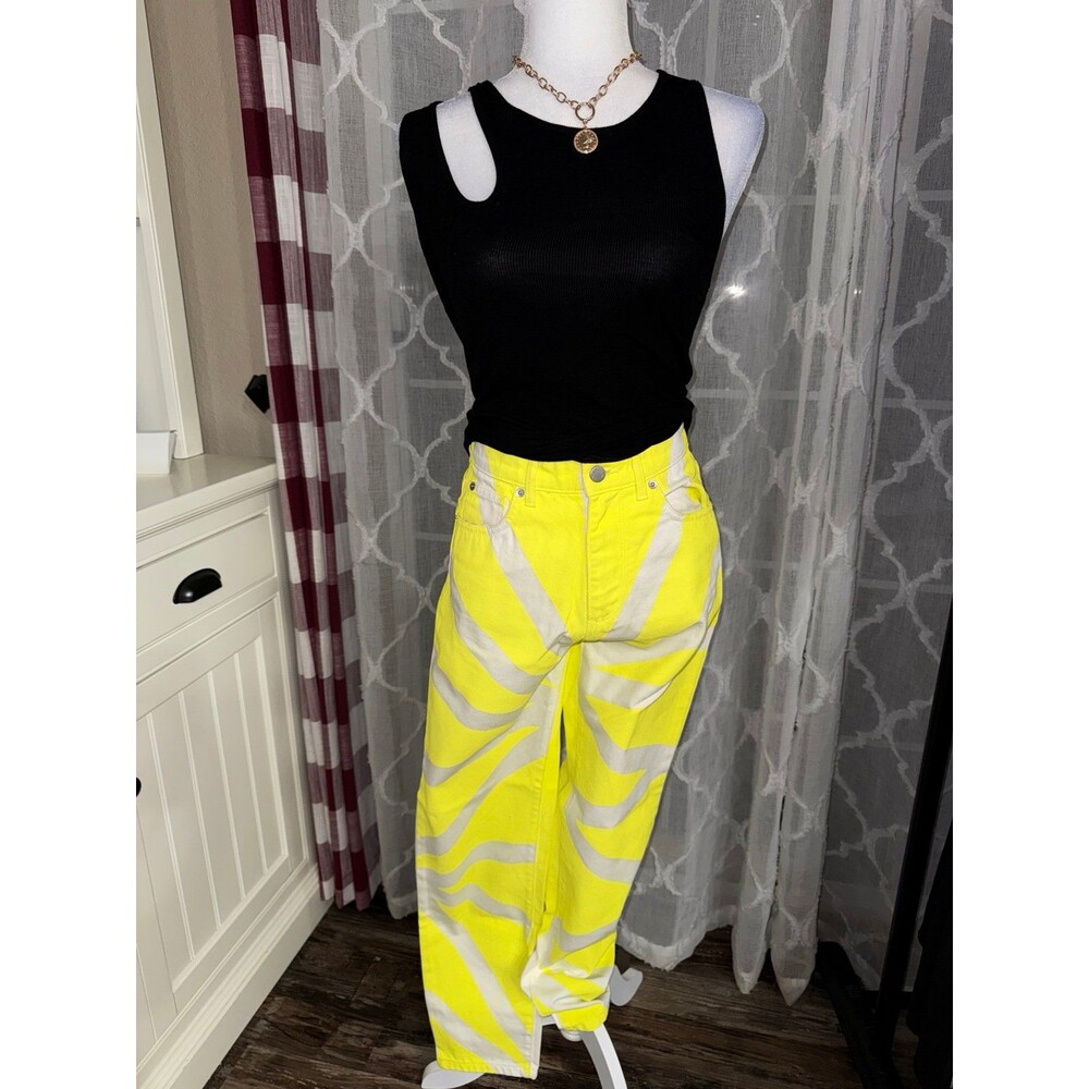 Fiorucci Neon Yellow & White Monogram Wavy Jeans | Size 26